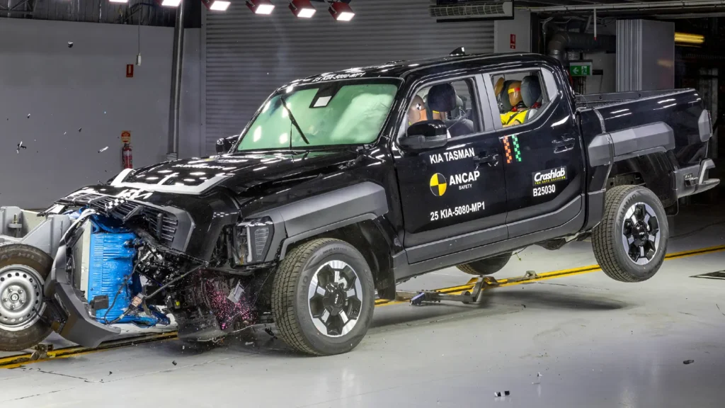 Kia Tasman pickup in ANCAP crash testing.